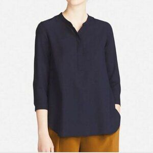 Uniqlo Womens Navy Blue Mid Button Mid Sleeve Casual Rayon Blouse Size Small